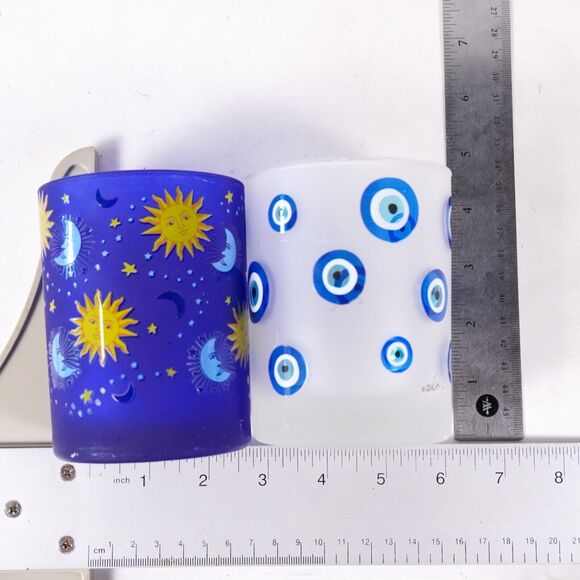 Celestial Sun Moon Stars Evil Eye Glass Candle Holder Cup Stand x2 Cobalt Blue - Picture 7 of 8